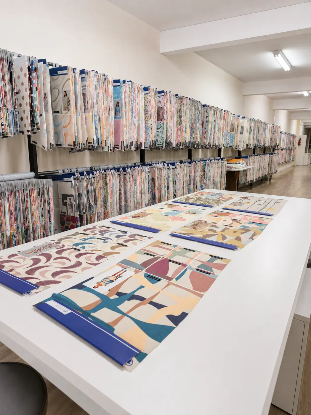 Showroom da DIGITEx com amostras de tecidos estampados